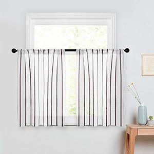 MRTREES Kitchen Curtains Striped Semi-Sheer Tier Curtains Farmhouse Pinstripes Linen Textured Short Cafe Curtain Panels for Bathroom Living Room RV Rustic (2 Panels, W30×L36, Grey on White)