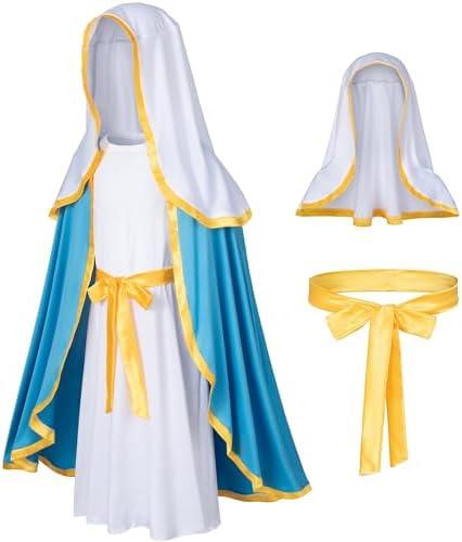 Irtysh Classic Girl Biblical Religious Virgin Mary Costume Fancy Dress Costume Headwrap Hat Waist Rope Set, Size 130