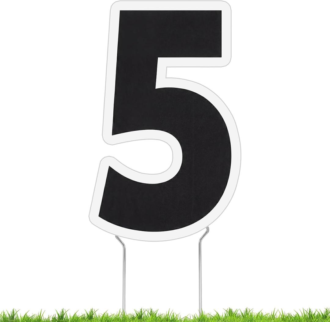 Pelopy Large Number 5 Yard Sign, 24 Inches, Outdoor Lawn Decor, Weatherproof Yard Card with Metal H Stakes, Black and White