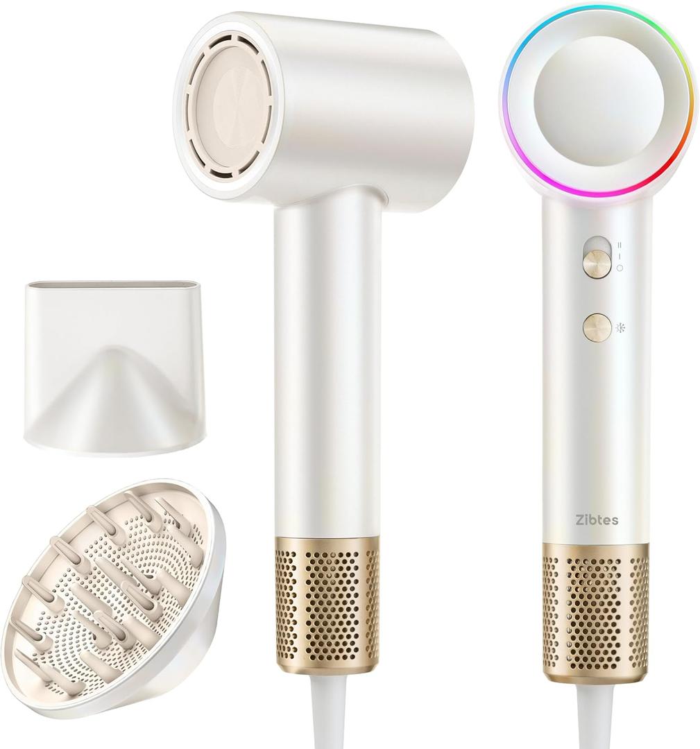 High-Speed Hair Dryer, 160,000 RPM Brushless Motor for Ultra-Fast Drying, 500M Ionic Negative for Frizz Reduce, Low Noise Thermo-Control Blow Dryer with Diffuser for Curly Hair Women and Men,White