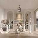 BHG Metal No-Assembly Freestanding Dog Gate with Door Walk Through, Extra Wide 120", Extra Tall 32" Pet Gate, Accordion Puppy Folding Playpen Dog Fence, with 2PCS Support (White, 5 Panels)