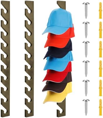 BBTO 3 Pack Wooden Hat Rack for Baseball Cap Wall Mount Hat Racks 30 Slot Vertical Baseball Cap Display Holder with 10 Hooks Organizer Wood Hanger for Door Entry Room Bedroom(Gray)