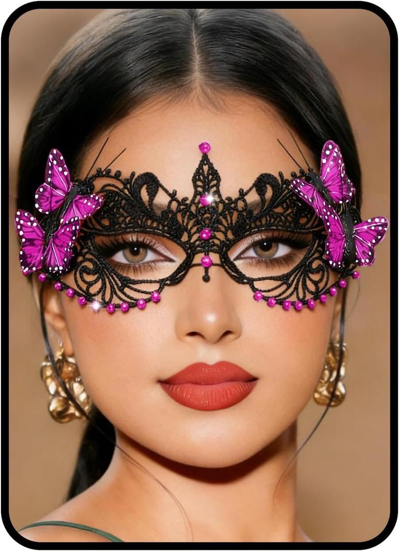 Tgirls Rhinestone Masquerade Mask for Women Butterfly Lace Mask Venetian Crystal Face Mask for Costume Masquerade Party