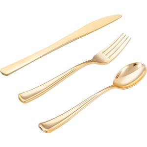 WDF 500PCS Gold Plastic Silverware Set Disposable - Gold Cutlery Set Plastic - 250Forks, 125 Spoons, 125 Knives for Party Baby Shower Wedding Spring