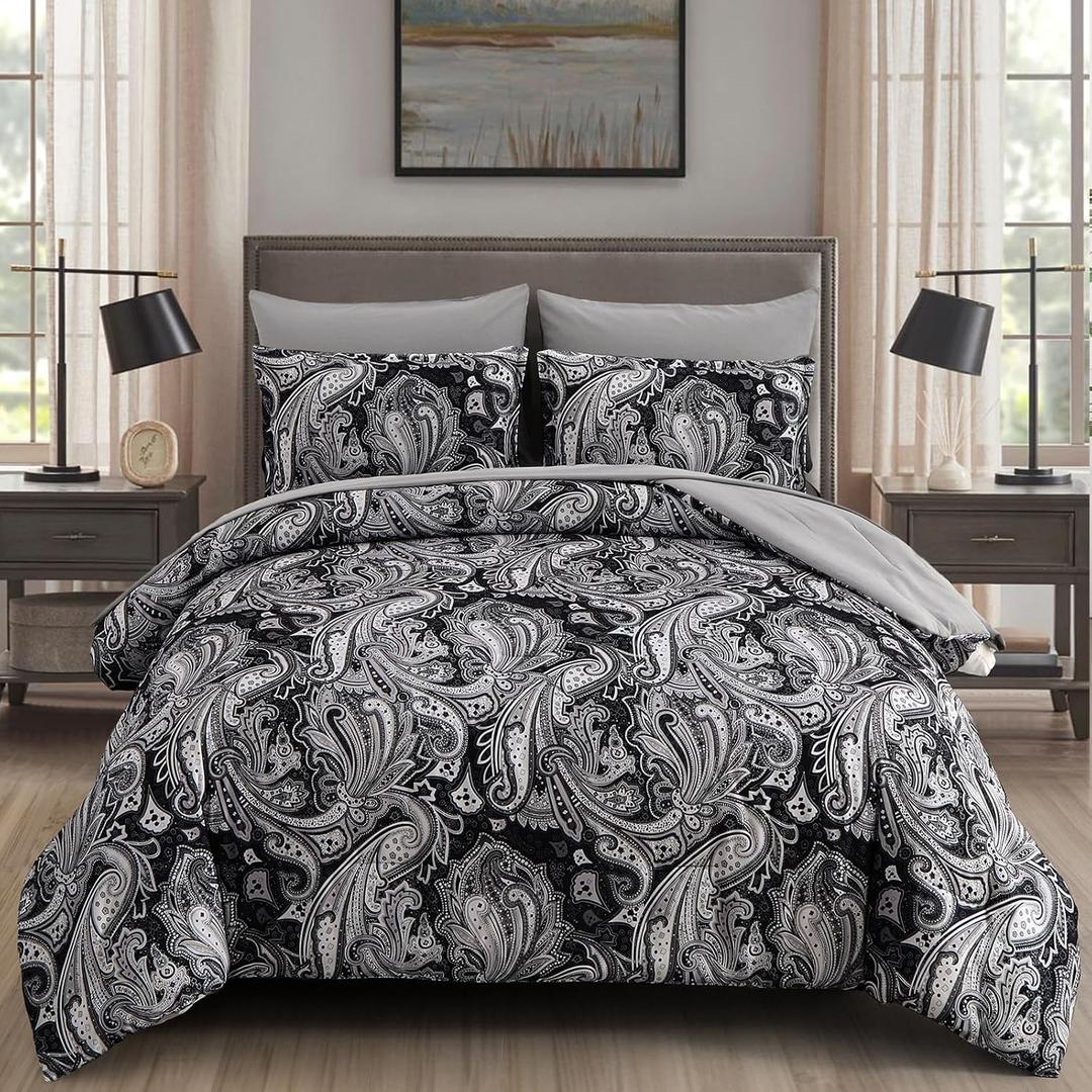 DJY Black Paisley Comforter Set Queen Size, 7 Piece Bed in a Bag Black Gray Boho Paisley Pattern Comforter Set, Soft Lightweight Microfiber Reversible Bedding Set for All Season (90''x90'')