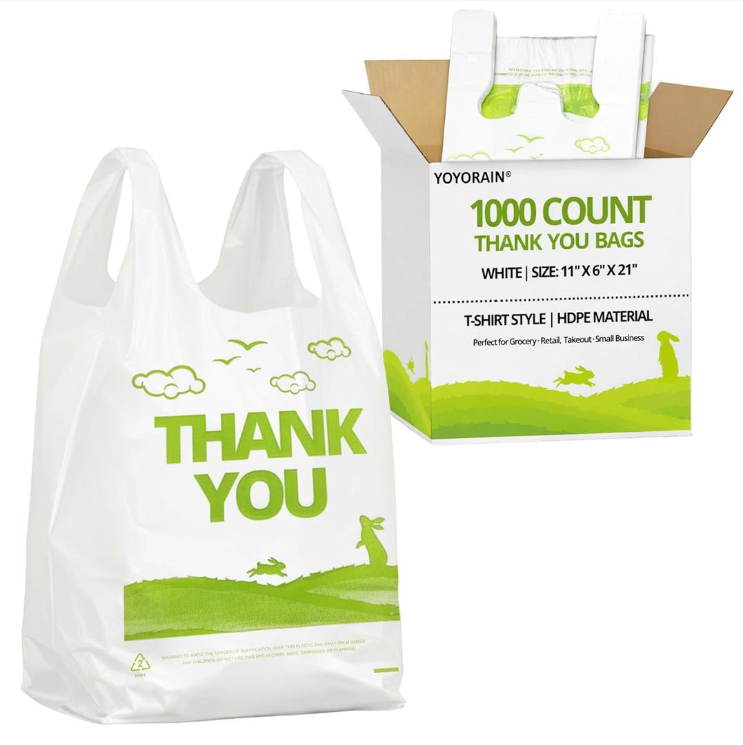 YoYoRain 1000 Pack White Design Thank You T-Shirt Bags with Handles, 11"x6"x21" Plastic Shopping Bags for Grocery, Retail & Takeout