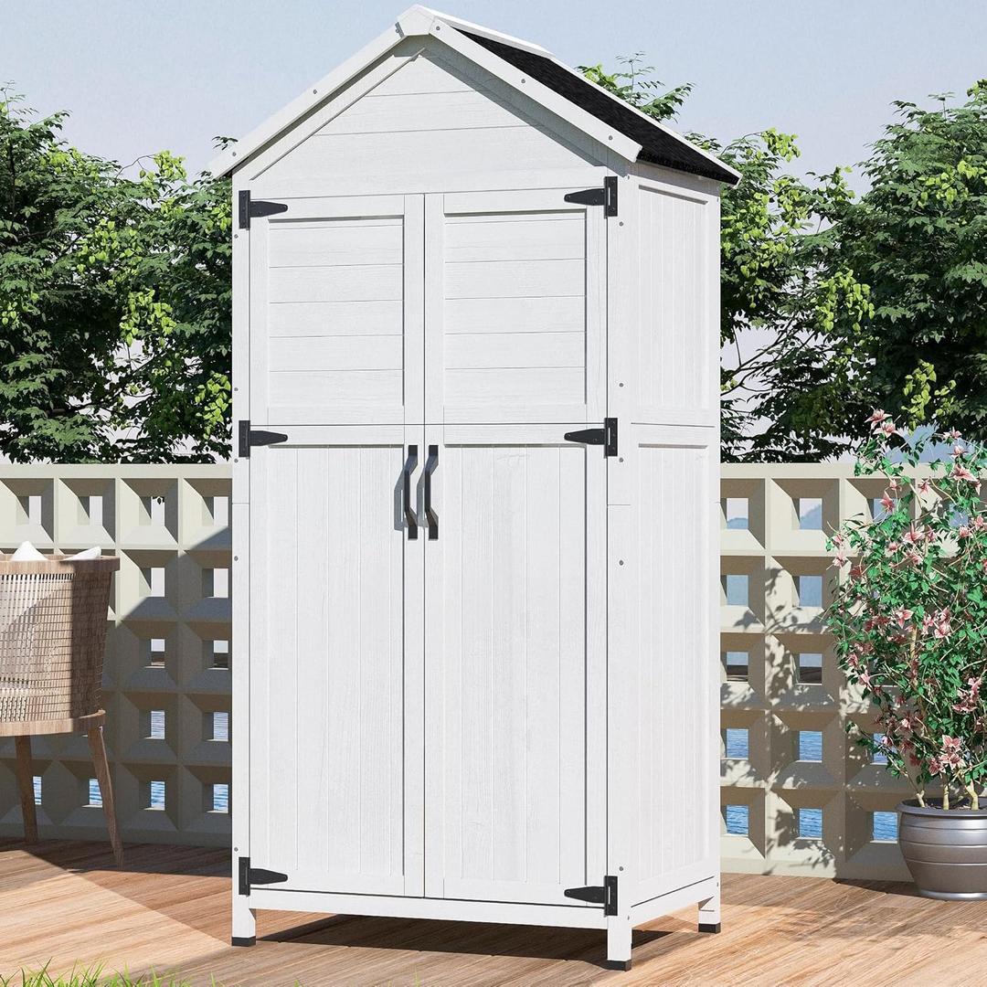 Christopher Knight Home Neapo 67" Outdoor Storage Shed, Spacious Storage Garden Tools Shed, Fire Wood Tall Sheds, Two Open Doors, Wooden Panel Design, Easy Organize Lawn Mowers, Shovels, Pots, White
