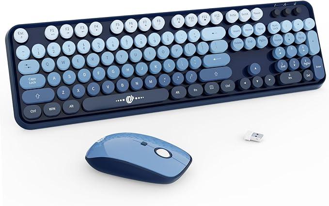 FOPETT Wireless Keyboard and Mouse Combo  2.4G FullSized Cute Colorful Mouse and Keyboard with 104 Round Keys Retro Typewriter Keyboard for Laptop/Windows/PC  Blue Gradient
