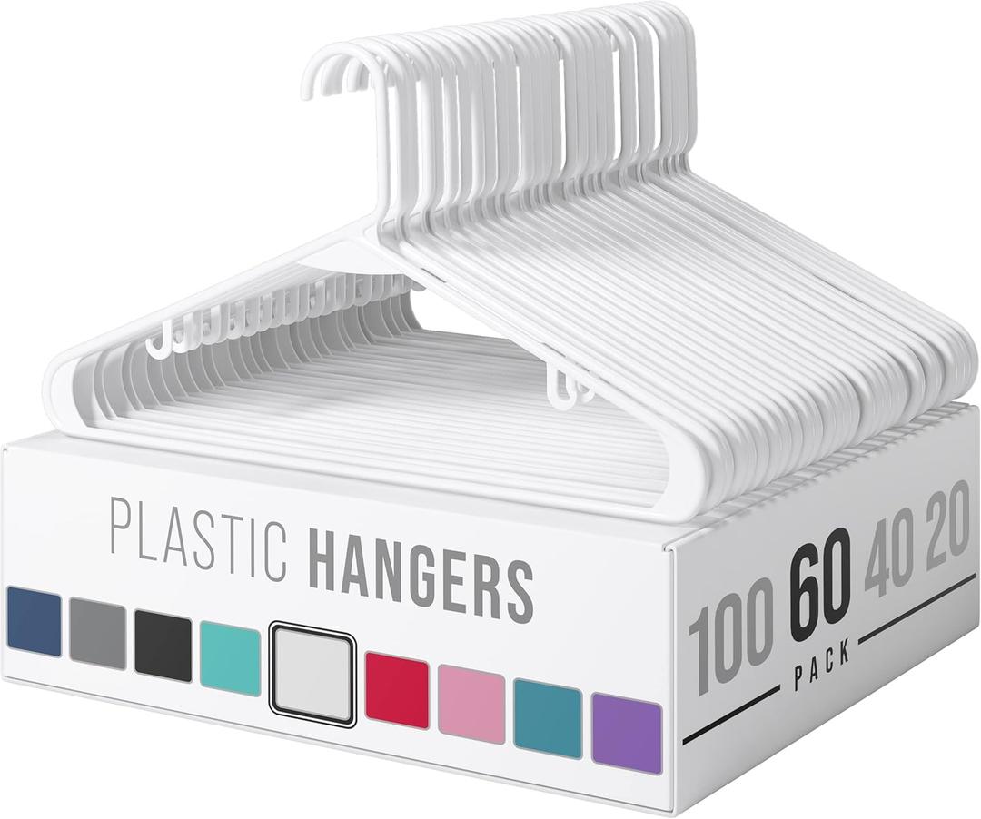 Clothes Hangers Plastic 60 Pack - White Plastic Hangers - Makes The Perfect Coat Hanger and General Space Saving Clothes Hangers for Closet - Percheros Ganchos para Colgar Ropa Hangars