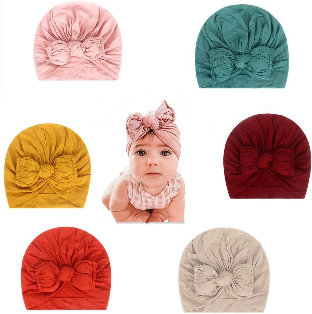 6 Pcs Soft Cotton Baby Hats Caps Cute Sweet Cozy Turban Bun Knot Infant Beanies Candy Shape for Toddler Girls