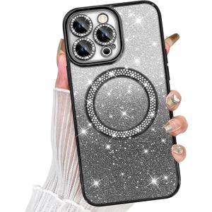 TEAUGHT Bling Magnetic Case for iPhone 15 Pro [Compatible with Magsafe], Cute Glitter Diamond Rhinestone Luxury Plating with Camera Protection, Slim Shockproof Cover for Women Girls, Black