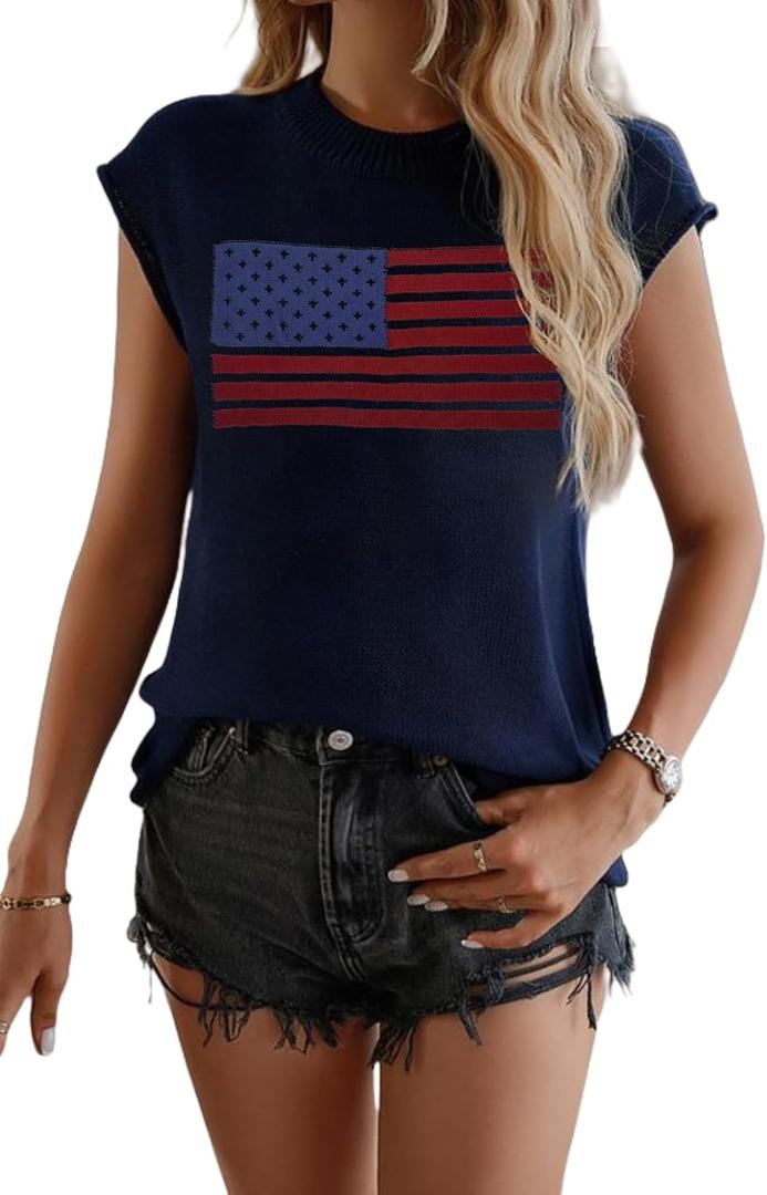 TKTSO Women American Flag Cap Sleeve Knit Sweater Vest Summer Crew Neck Sleeveless Top Casual Vacation Pullover Tank Top(L, Blue01)