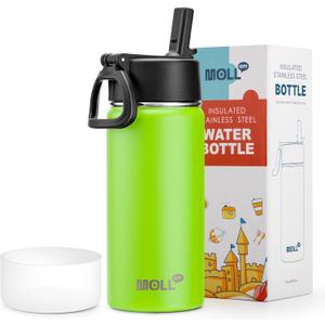 Kids Water Bottle-16 oz Stainless Steel Double Wall Vacuum Insulated Wide Mouth Water Bottle with Straw-Metal Travel Water Flask for School Boy and Girl (Apple Green)