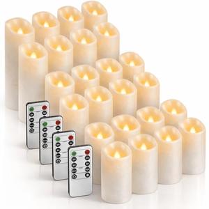 Enido 24 Pc Flameless LED Candles with Remote & Timer, Outdoor Waterproof, Flickering Electric Warm Lights for Cozy Home & Holiday Romantic Decor, Battery Operated (D 2.2” x H 4”/5”/6”