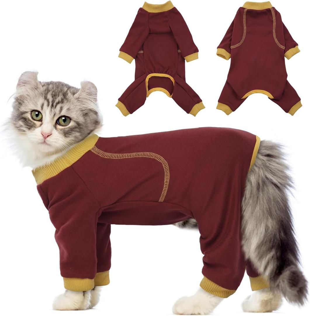 QBLEEV Sticky Hair Cat Clothes, Soft Cat Pajamas for Cats Only, Prevent Lost Fur Kitten Sweater Onesie, Stretchy Recovery Suit for Female Male Cats After Surgery Daily Wear, Burgundy, XS