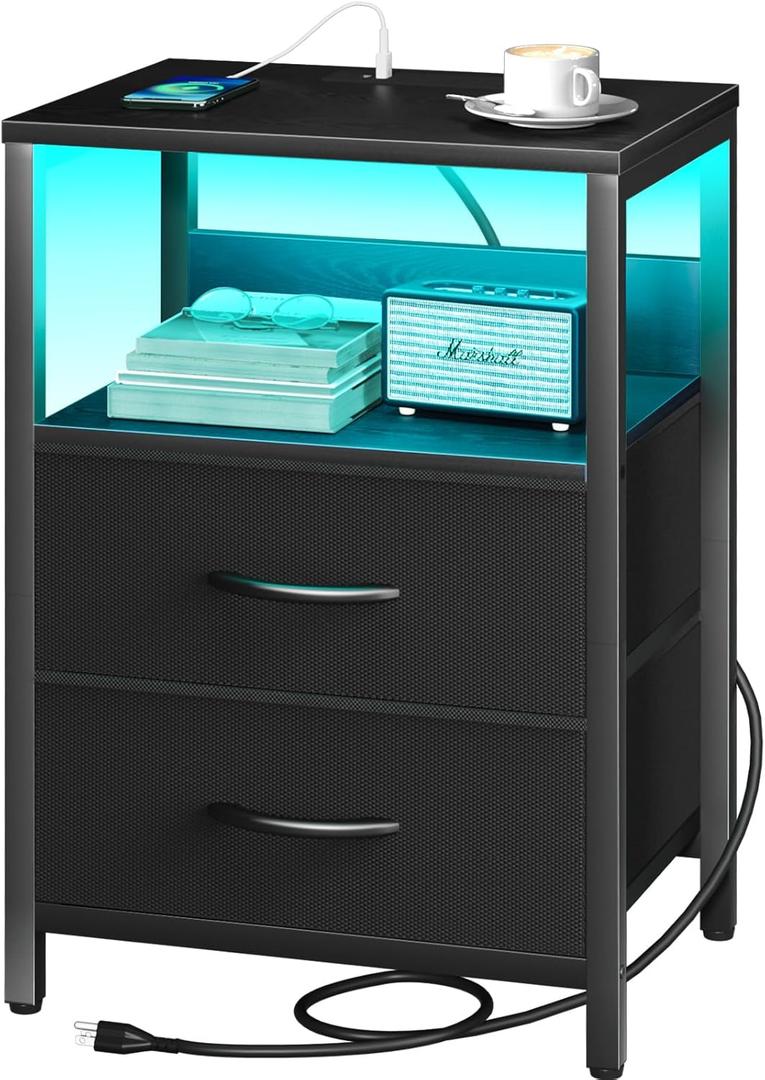 Yoobure Nightstand with Charging Station, LED Night Stand with Fabric Drawers and Storage Shelf for Bedroom, Nightstands Bedside Tables with USB Ports & Outlets, Small Night Stands, Bed Side Table (Black)