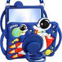 Boaretiu Kids Case for iPad 6th/5th Generation/Pro 9.7 inch/Air2/Air1 - Cute Cartoon Astronaut Spaceship Silicone Case with Strap & Rotating Stand Soft 3D Tablet Cover for Boys Teens