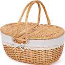 Happypicnic Wicker Picnic Basket with Handle, 15" Large Empty Picnic Basket with Lid & Removable Liner, Vintage Hand Woven Basket for Picnics, Camping, Veg Picking, Mother's Day, Thanksgiving (Solid)