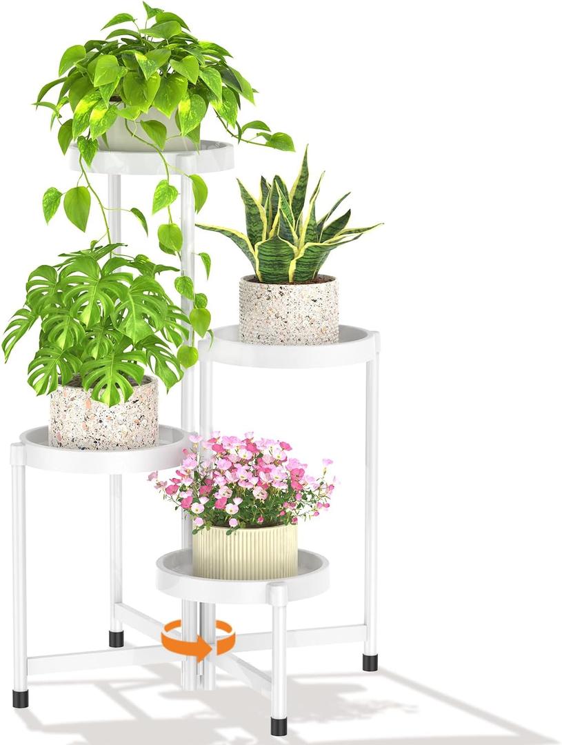 LASZOLA 4 Tiered Plant Stand Indoor Outdoor with Plastic Tray, Corner Folding Tall Flower Display Rack, Modern Plant Holder Shelf for Outdoor Patio Porch Garden Office Living Room, White