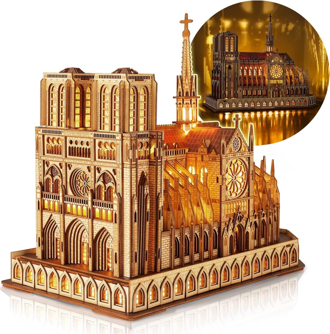 LED 3D Wood Puzzle - Notre Dame de Paris Architecture Model-Night Edition with LED Lighting- DIY Building Model Craft Kit, Architecture Building Set