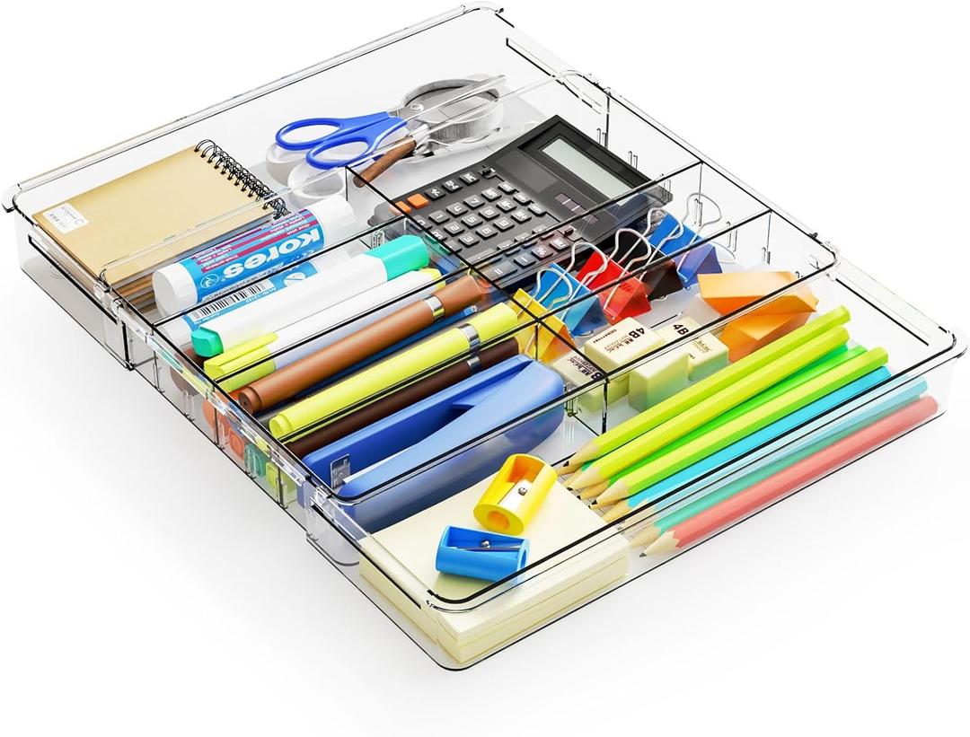 Yieach Expandable Desk Drawer Organizer Tray, 1.8 Inch High Junk Drawer Organizer for Kitchen, Clear Shallow Office Drawer Organizers With 10 Compartments for Pencil, Pen, Office Supplies and Accessories