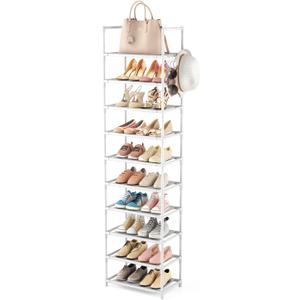 LANTEFUL 10 Tiers Tall Shoe Rack 20-25 Pairs Boots Organizer Storage Sturdy Narrow Shoe Shelf for Entryway, Closets with Hooks, White (10 Tier-68" High-17" Wide)