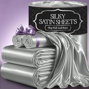 DECOLURE Satin Bed Sheets - 4 Piece Luxury Silky King Size Bedding Set - Softer Than Silk, Wrinkle-Free with 15 Deep Pocket Fitted Sheet, Perfect for Hair & Skin, Gifts for Women (Grey)