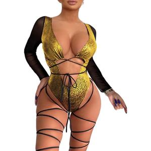 Womens Rave Wear One Piece Bodysuit Snakeskin Print Sexy Leg Rings Swimsuit for Festival Dance Rave Clothing. M Size
