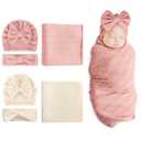 DRESHOW BQUBO Newborn Receiving Blanket Headband Hat Set for Baby, Unisex Baby Boys Girls Essentials, Newborn Registry Must Haves, Stroller Crib Shower Gifts (2 Sets: Hat + Hairband + Blanket (Pink + Beige))