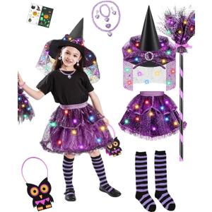 Witch Costume for Girls Aged 3-8 Years Halloween Light Up Skirt with Broom Hat Treat Bag Kids Toddler Girls Dress Up (Purple)