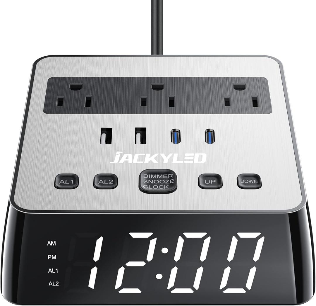 Alarm Clock with USB Charger JACKYLED Power Strip Total 4.8A USB Ports LED Full Screen Surge Protector 6.5ft Cord 4 Dimmer for Heavy Sleepers Compatible with Phone Tablet Computer Black Silver