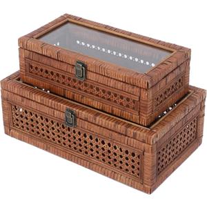 Rattan and Cane Stacking Boxes with Glass Top Lid - Set of 2 11.8" and 14.1", for Boho and Rustic Farmhouse Decor, Brown