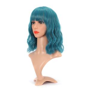 VCKOVCKO Natural Wavy Wig With Air Bangs Short Bob Dark Blue Wigs Women's Shoulder Length Wigs Curly Wavy Synthetic Cosplay Wig Pastel Bob Wig for Girl Colorful Wigs(12",Dark Blue)