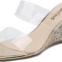 Wedge Sandals for Women Square Open Toe Wedge Heels Clear Two Strap Slip on Sandals Glitter Heels Transparent Slides Shoes (8, Gold)