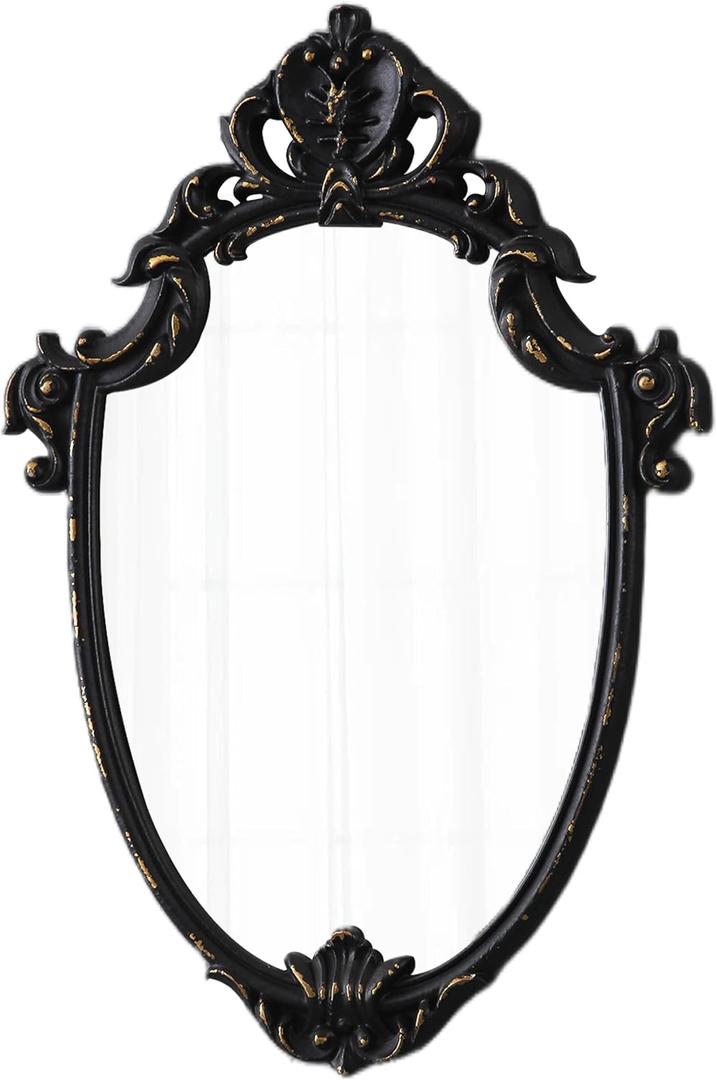 Vintage Black Wall Mirrors 16 x 24 inch, Hanging Handmade Distressed Finish Golden Shield Shape Wood Framed Ornate Antique Wall Mirror Decorative for Entryway Hallway Living Room Bathroom
