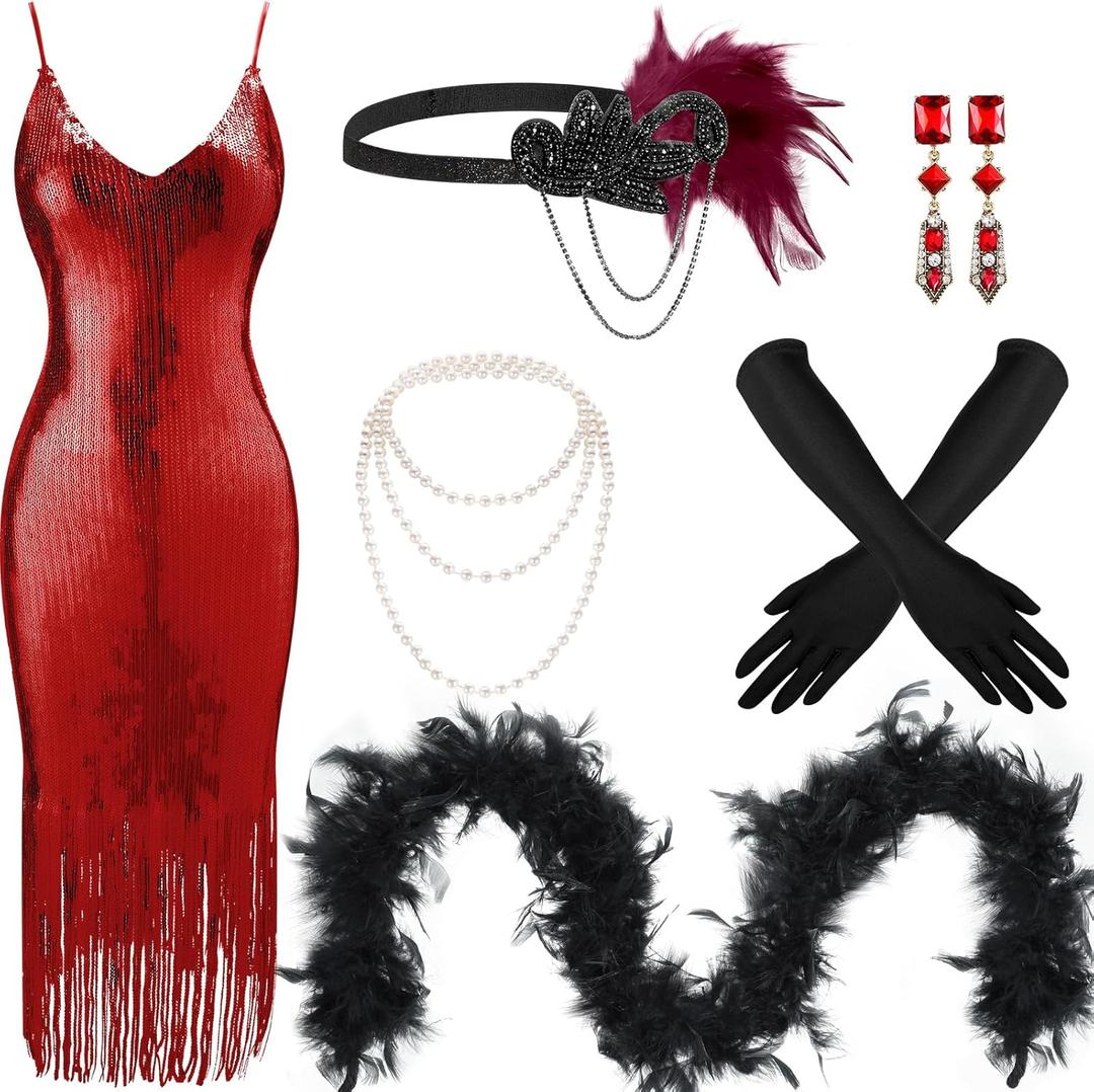 7 Pcs 1920s Women's Flapper Dress Sequin Dress Costume Headwear Earring Necklace Glove Stick Set and Long Feather Boa (XX-Large, Red)