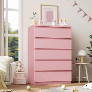 Modern Pink 5 Drawer Dresser for Bedroom, 15" D x 23.7" W x 40.4" H in Simply Chest of Drawers, Wood Storage Dresser with Deep Drawers for Living Room Hallway Entryway, Pink