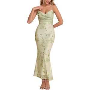 Women's Summer Floral Bodycon Maxi Dress Spaghetti Strap Sleeveless Backless Mesh Long Formal Wedding Guest Dresses M Green (Green, M)