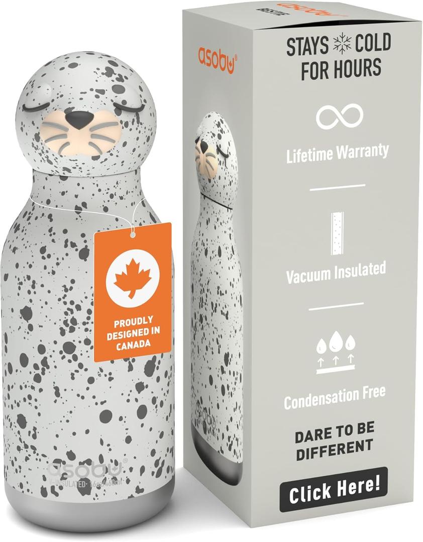 asobu Bestie Bottle Insulated Stainless Steel Water Bottle with Detachable Soft Animal Head Fun Drinking For Kids and Teens with Flexible Reusable Straw 16 Ounce (Seal White)
