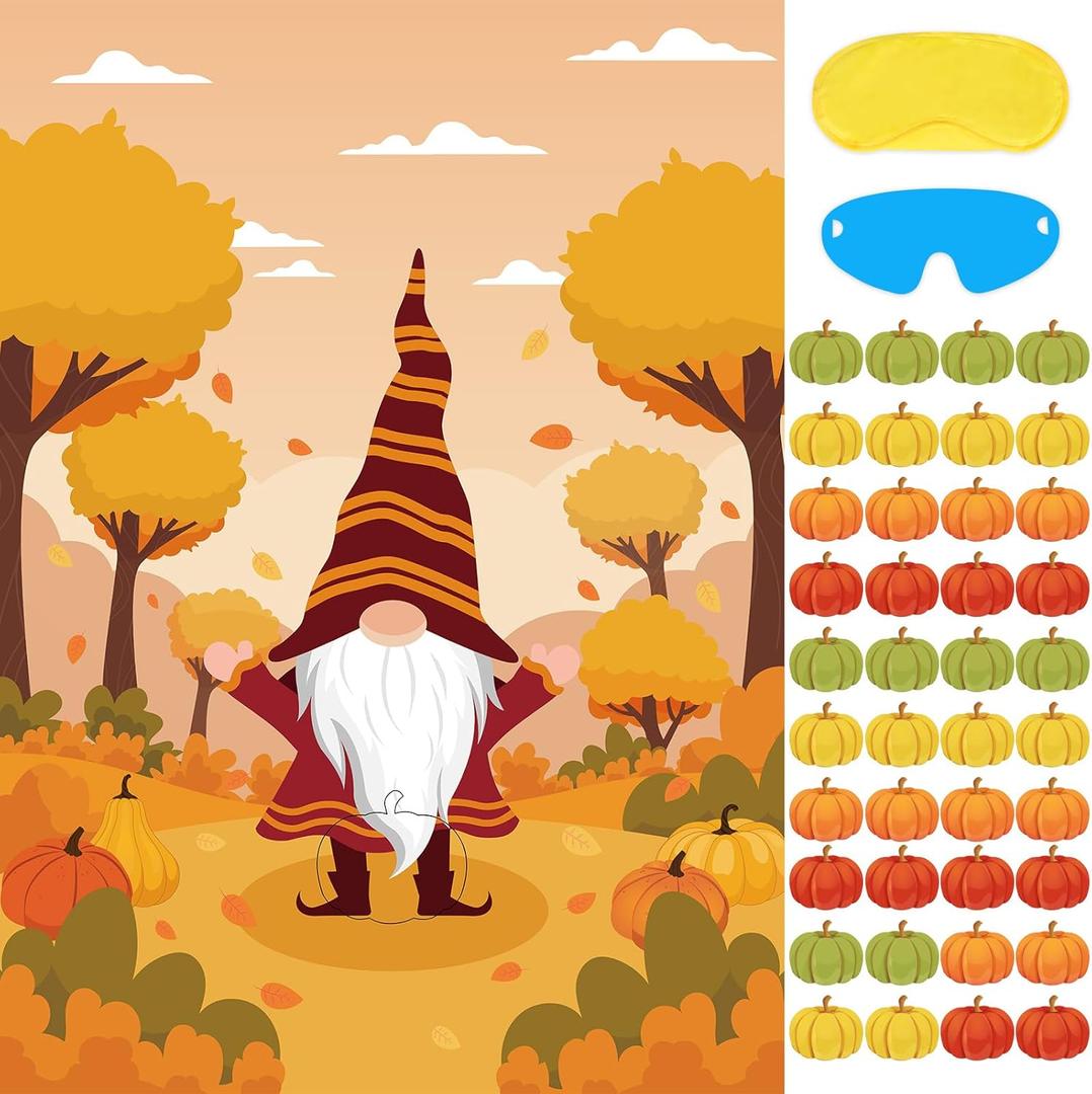 Thanksgiving Party Games Pin The Pumpkin on The Gnome with 40PCS Pumpkin Stickers Large Fall Themed Activities Poster for Kids Thanksgiving Party Birthday Party Supplies