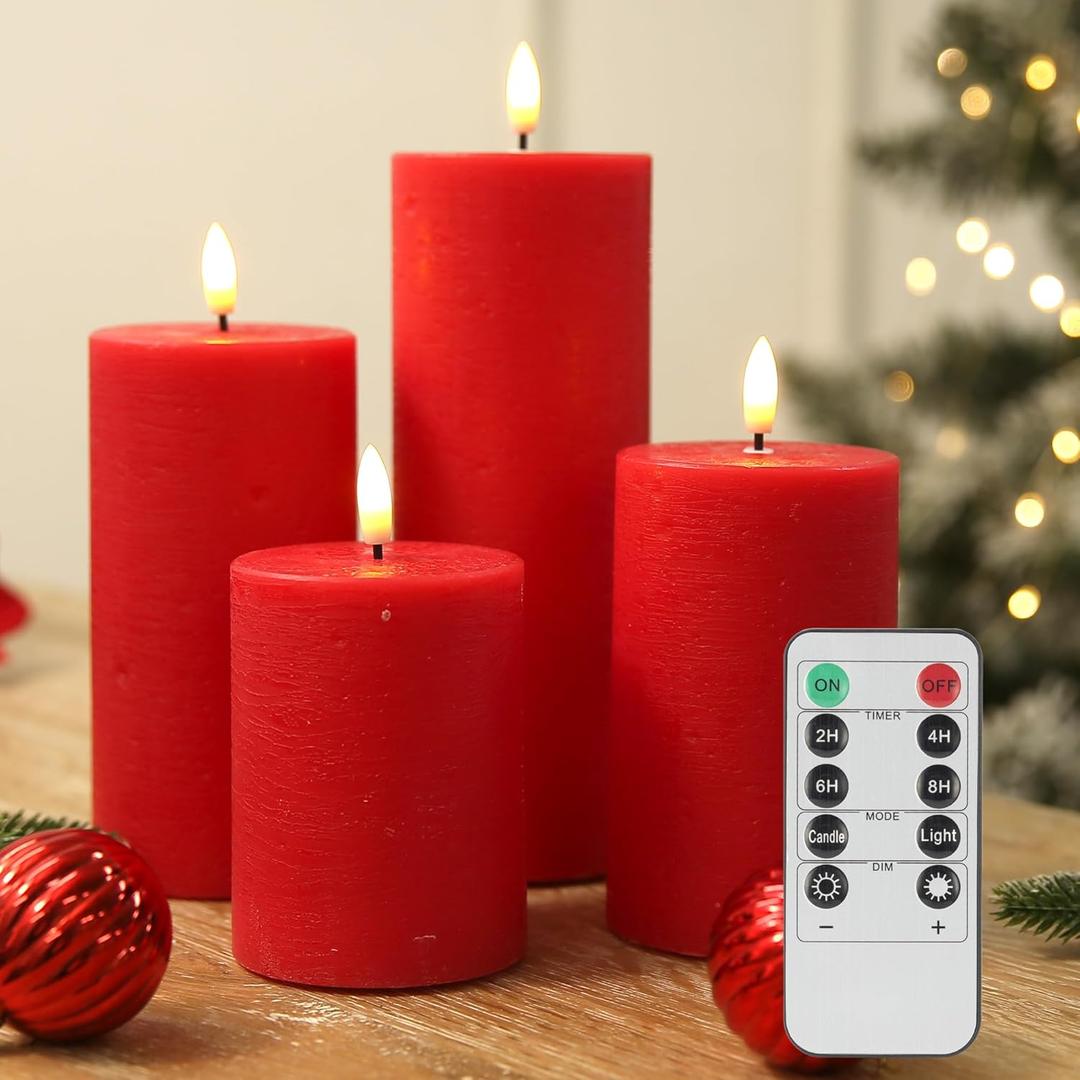 Christmas Flameless Candles with Remote, 4 Pack Red Candles Battery Operated, Real Wax LED Fake Candles Flickering for Christmas Wedding Home Party D3 H 5" 6" 7" 9" Red