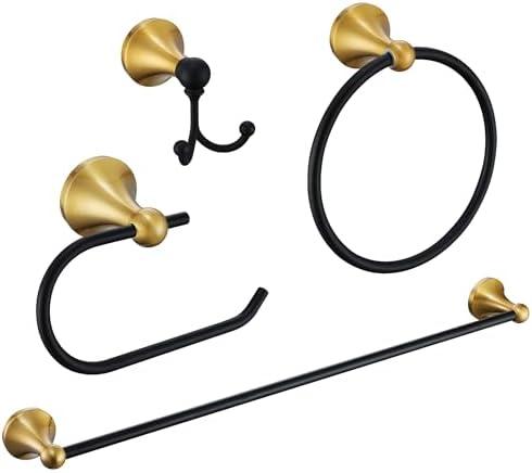 Brushed Gold and Black Bathroom Hardware Set, 4-Piece Black and Gold Bathroom Accessories Kit Stainless Steel 23.6 Inch Towel Bar | Towel Hook | Toilet Paper Holder | Hand Towel Holder