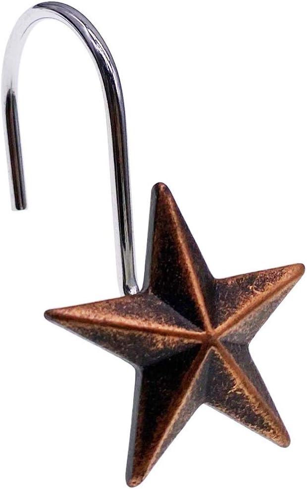 CHICTIE Star Shower Curtain Hooks Rings, Set of 12 Retro Bronze Decorative Shower Hooks, Stainless Steel Rustproof Shower Rings for Bathroom(Stereoscopic Brown Star)