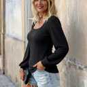 Womens Puff Long Sleeve Tops Square Neck Ribbed Knit Slim Fit Blouse Basic Tee Tops Elegant T Shirts (XL)