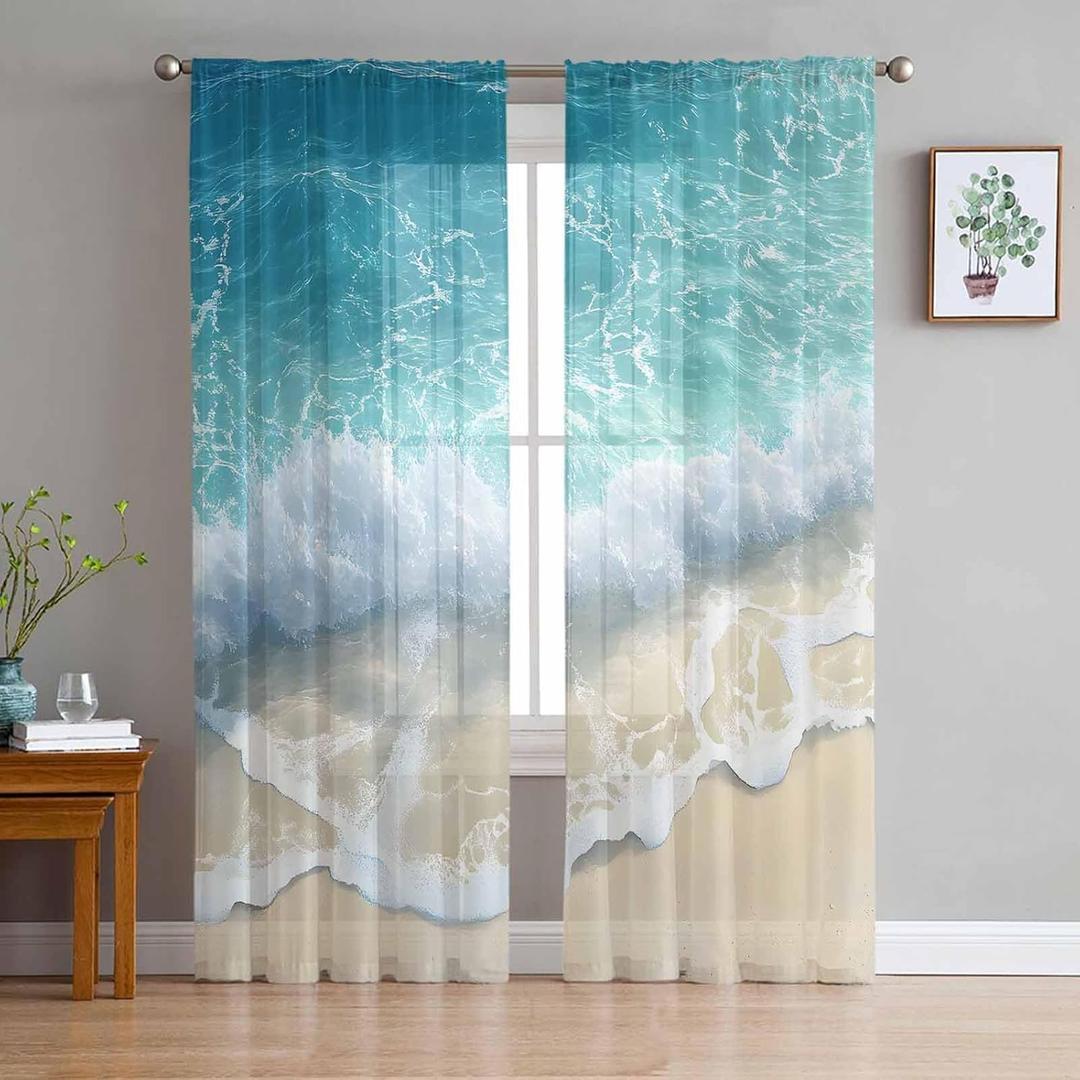 Summer Beach Sheer Curtains 84 Inches Long, Blue Ocean Waves Coastal Light Filtering Window Curtains for Living Room/Bedroom, Seaside Waves Rod Pocket Voile Sheer Curtain Drapes, 52"W x 84"L, 2 Panels