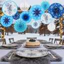 12 Pcs Winter Snowflakes Decorations Snowflake Hanging Paper Fans Blue and White Snowflakes Paper Hanging Decorations Winter Ceiling Wall Home Decor for Wonderland Party Decor(Round)