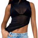 Women's Sheer Mesh Mock Neck Tank Tops Sleeveless Asymmetrical Hem Crop Tops Clubwear (Large, Black)