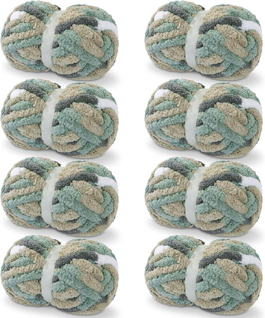 HOMBYS 8 Pack Giant Chunky Yarn for Crocheting/Hand Knitting, Super Bulky Large Soft Fluffy Tie Dye Plush Fuzzy Mixed Color Thick Chenille Yarn (Grey, Green, White)