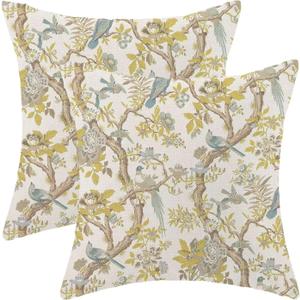 Chinoiserie Tree Throw Pillow Covers 18x18 Set of 2 Neutral Bird Tree Decorative Pillow Covers Branch Decoration Outdoor Cushion Cover Yellow Floral Pillowcase for Sofa Couch Farmhouse (Tree2)