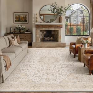 PureCozy 9x12 Area Rug Washable Neutral Beige Brown Vintage Floral